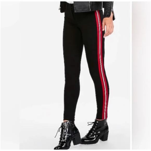 Express Women’s Black Red Racing Stripe Skinny Mid Rise Stretch Pants Size 2R - Picture 1 of 9